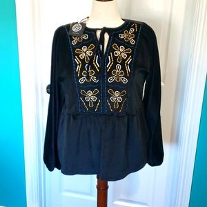 Bobeau Women Plus Soft Velour Embroidered 1X 2X Boho tunic Black Flowy Stretch